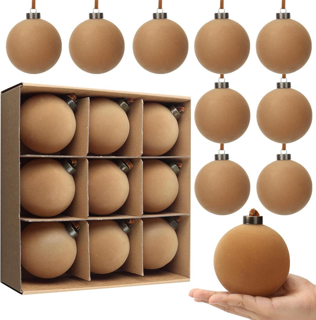 9 PCS Christmas Velvet Balls Flocked Xmas Tree Ball Ornaments Christmas Large Ball Set Xmas Tree Hanging Decoration 4 Inch, 6 Inch (Browm, 4inch)