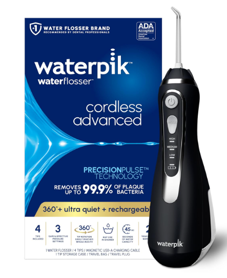 Waterpik Cordless Advanced 2.0 Water Flosser For Teeth, Gums, Braces, Dental Care With Travel Bag and 4 Tips, ADA Accepted, Rechargeable, Portable, and Waterproof, Black WP582