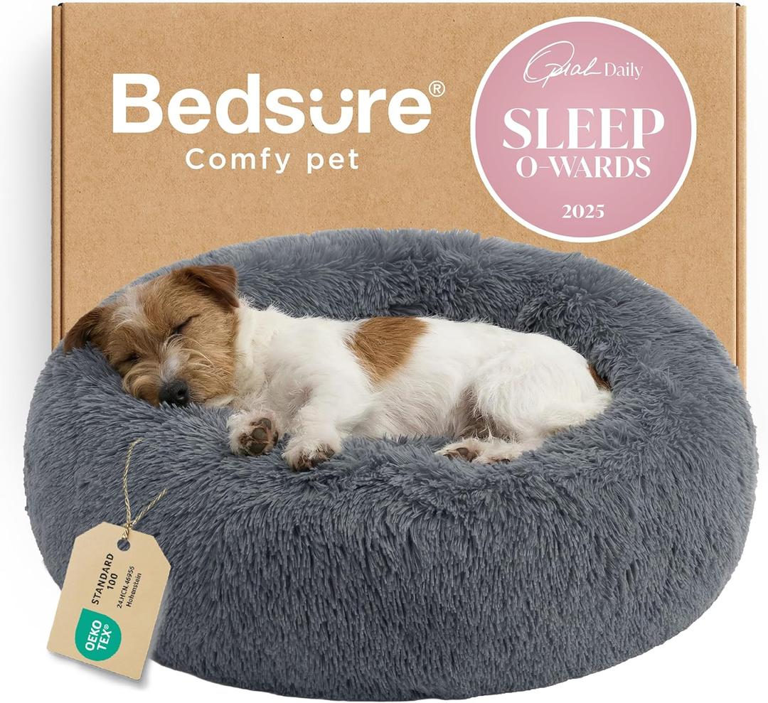 Bedsure Calming Dog Bed for Small Medium Dogs - Donut Washable Medium Pet Bed, 27 inches Anti-Slip Round Fluffy Plush Faux Fur Cat Bed, Dark Grey