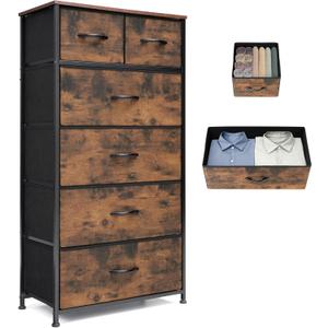 Fabric Dresser for Bedroom, Tall Skinny Dresser with 6 Drawers, Storage Organizer Tower, Steel Frame Wooden Top for Closet, Living Room, Hallway(Rustic Brown)