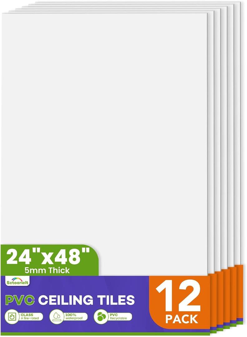 6Pcs 2ft x 4ft PVC Drop Ceiling Tiles, White Smooth Ceiling Panels 24x48in, Moisture Proof Fire-Rated Easy to Clean Reusable, No Sag No Breakage