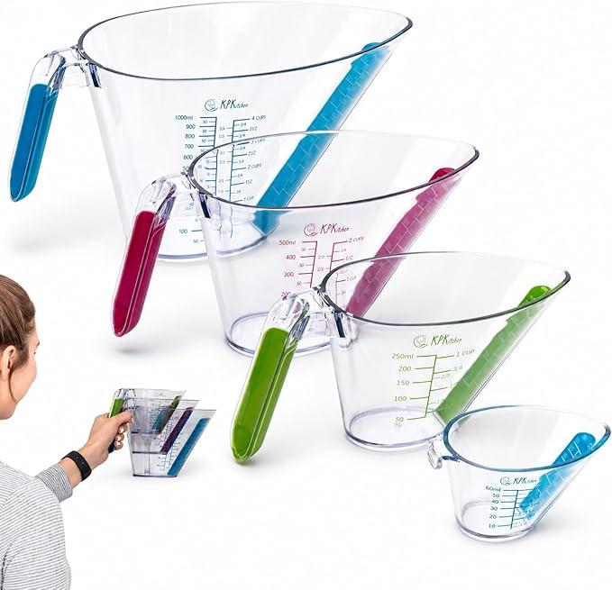 KPKitchen 3-Piece Angled Liquid Measuring Cups Plastic Set - BPA-Free Mini Oz, 1, 2 and 4 Plastic Measuring Cup Sizes - Measuring Cups For Liquids with ML & Cups Measures - Small & Large Measure Cup