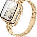 Melyis Slim Metal Band with Case Fits Apple Watch Bands for Women 41mm, Thin Stainless Steel iWatch Bands for Women, Dressy Band for Apple Watch with Screen Protector Series 9 8 7, Gold