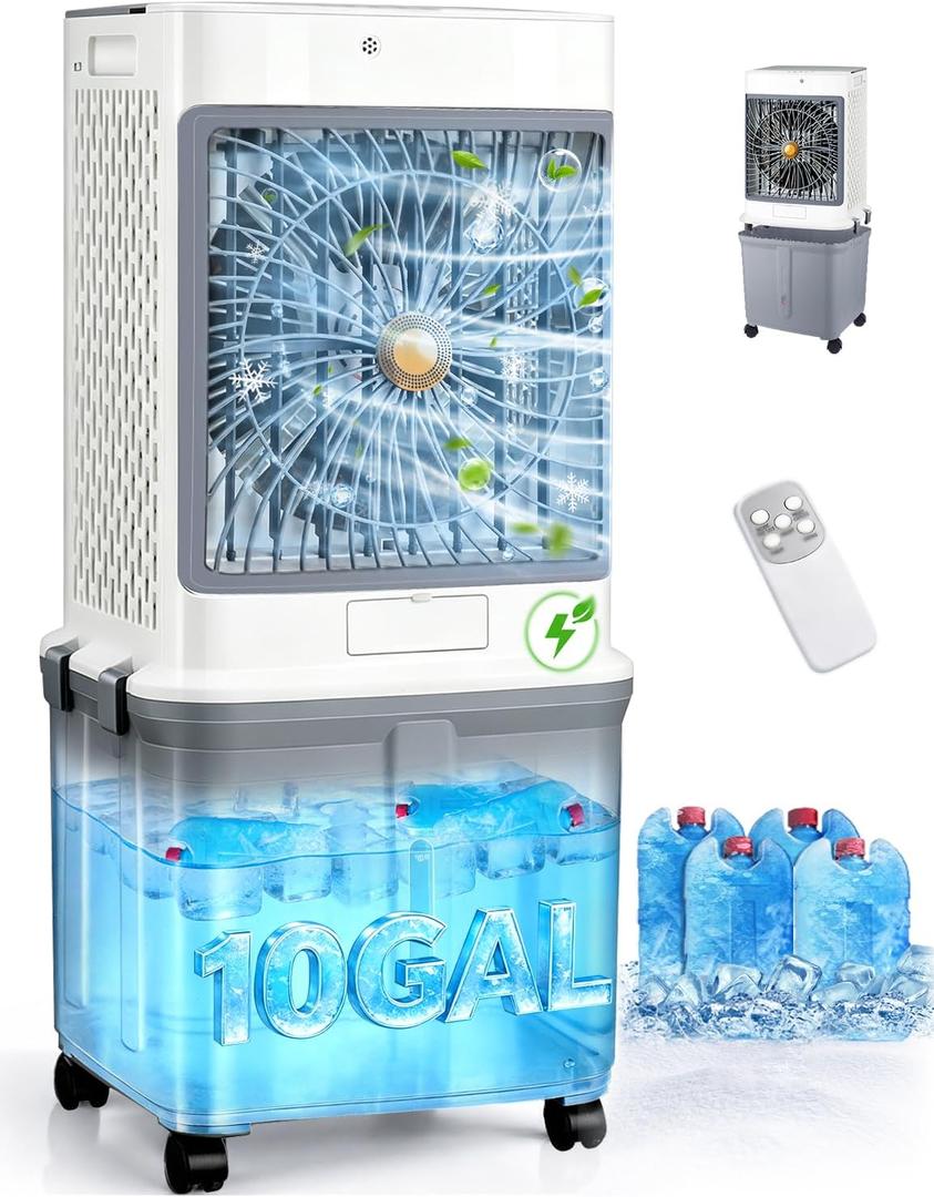Evaporative Air Cooler, Portable Air Conditioners With 10 Gallon Water Tank | Swamp Cooler,Windowless Portable AC Unit Cooling Fan That Blow Cold Air,Ultra Quiet for Indoor,Outdoor,Garden,Room,Restaurant