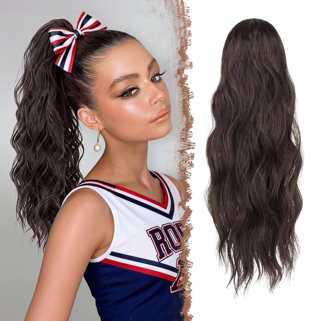 FESHFEN Ponytail Extensions - Drawstring Ponytails Hair Extension Long Curly Wavy Hair Piece Synthetic Pony Tail Hairpieces for Women, Chocolate Brown with Dark Brown 18 inch