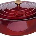 La Cuisine Enameled Cast Iron Oval Dutch Oven Casserole Dish Pot with Lid 5 QT Internal Matt Black Enamel Coating, Cranberry, Gold-Plated Stainless Steel Lid Handle, Oven Safe