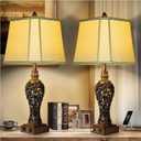28.5'' Tall Farmhouse Vintage Table Lamp Set of 2 with Faux Silk Shade USB Ports Nightlight Decor for Bedside Living Room Bedroom Nightstands Office Home, Dark Bronze(Bulbs Included)