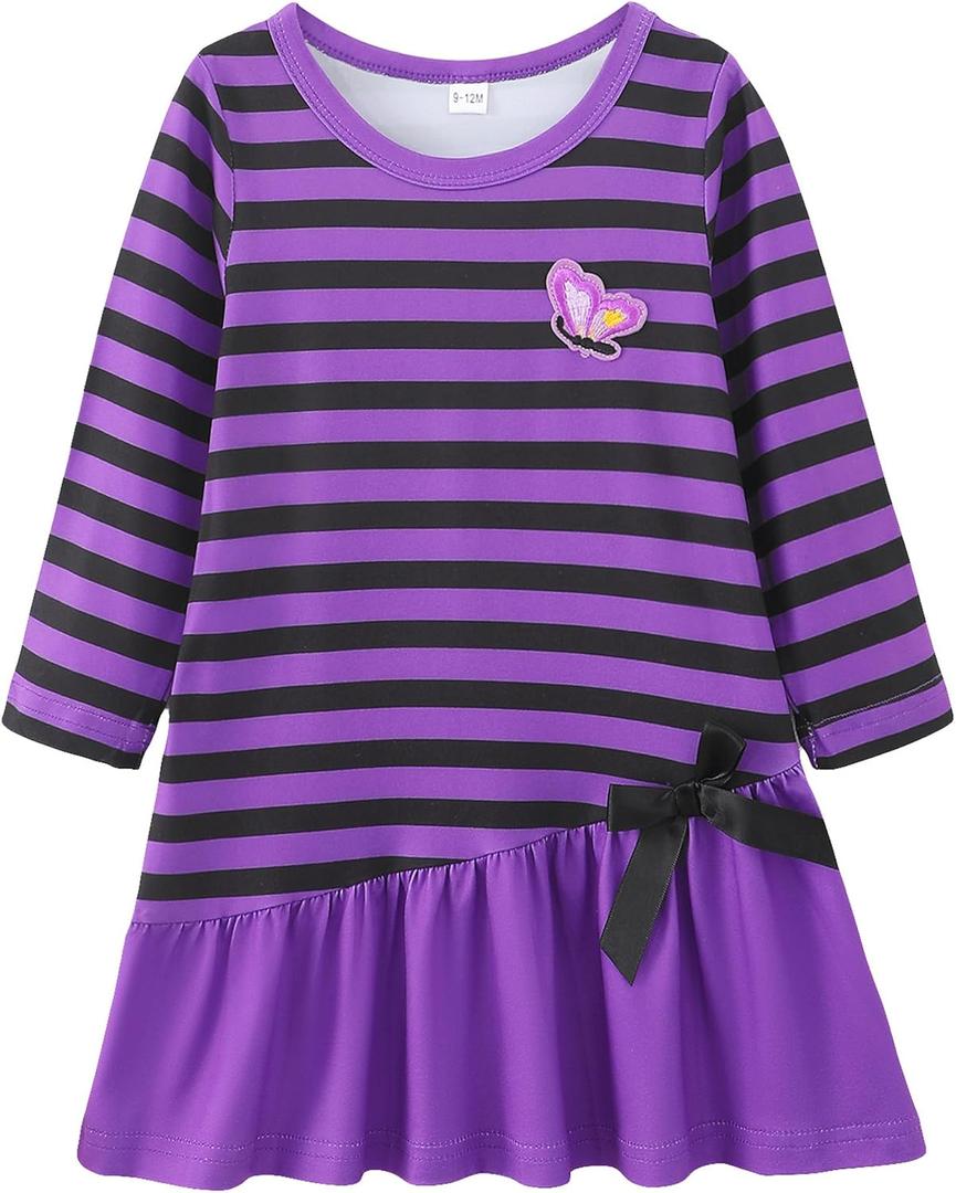 HIGHUZZA Baby Girl Clothes, Toddler Girls Long Sleeve Bow Tie Striped Purple Butterfly Outfits for Fall Casual Birthday Party 6-9 Months