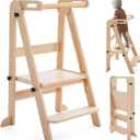 Foldable Toddler Tower - Kitchen Step Stool Helper for Kids 1-6 Years, Montessori Toddler Standing Tower with 3 Adjustable Height for Kitchen Counter Bathroom (Natural)