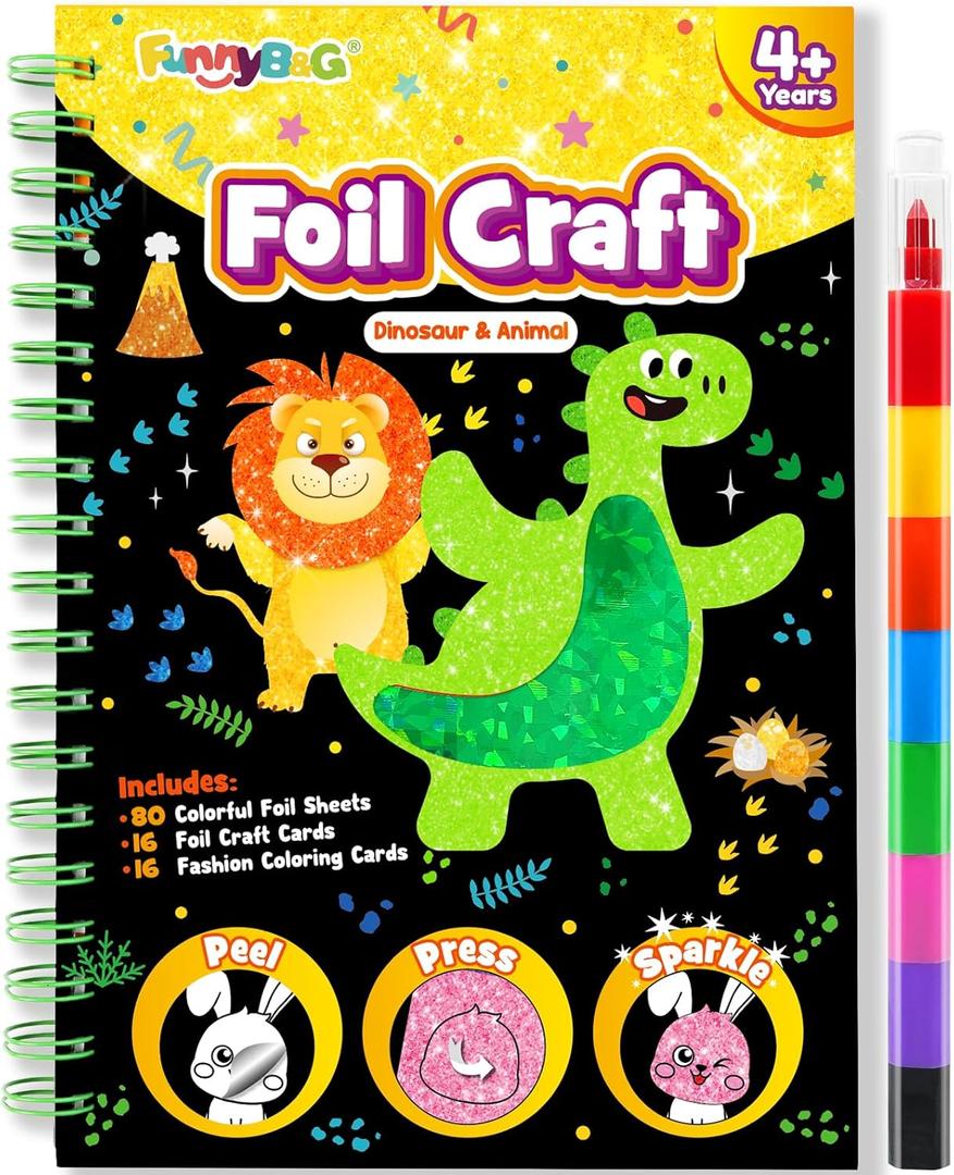 FUNNYB&G Foil Art Crafts for Kids Ages 4-8: Valentines Crafts for Kids 2026,Birthday Gift for Girls, Art and Crafts Supplies, Party Favors, Creative Toys for Girls Boys 4 5 6 7 8 9 Years Old (Dinosaur)