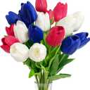 18 Pcs 13 Inches Artificial Tulip Flowers Bouquet, Red White Blue Faux Tulips with Green Leaves, Patriotic Flower Stems for Home Decor, 4th of July, Memorial Day, and Cemetery Grave Floral Arrangement