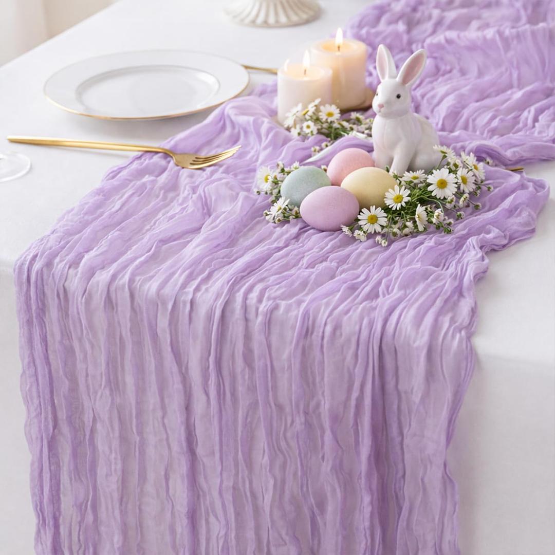 Sioloc Lilac Purple Lavender Cheesecloth Table Runner 120'' x 35'',Spring Easter Decor Soft Gauze Boho Wedding Table Decor for 10ft Table Birthday Party,Baby Shower, Bridal Shower, Home & Event Decor (1pc)