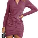 AUXDIO Women Bodycon Long Sleeve Dresses Casual V Neck Ruched Wrap 2026 Spring Fall Party Club Mini Dress (Pink, M)
