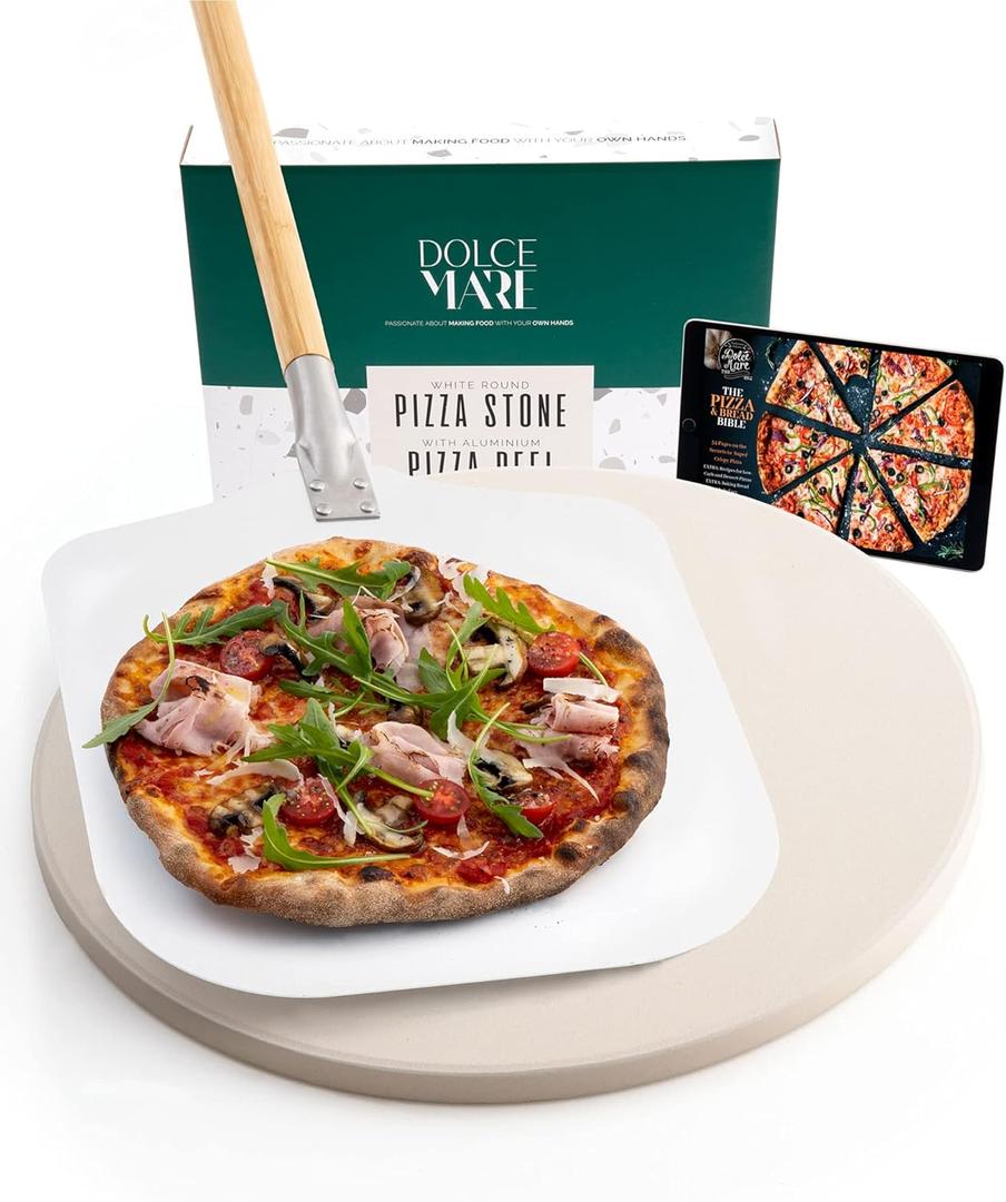 Round Pizza Stone - Cordierite Baking Stone for Oven & Grill - Includes Aluminum Pizza Slider & Free Accessories