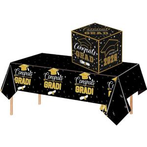 2 x 2026 Black Gold Graduation Party Decor Set - 1 Congrats Grad Plastic Tablecloth, 1 Card Box for Graduation Party Supplies