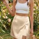 Cicy Bell Womens Satin Mini Skirt High Waist Side Slit Work Casual Skirts | Built-in Shorts, A-line, Silky Wrap Skort, Dressy Office Wear (Beige, L)
