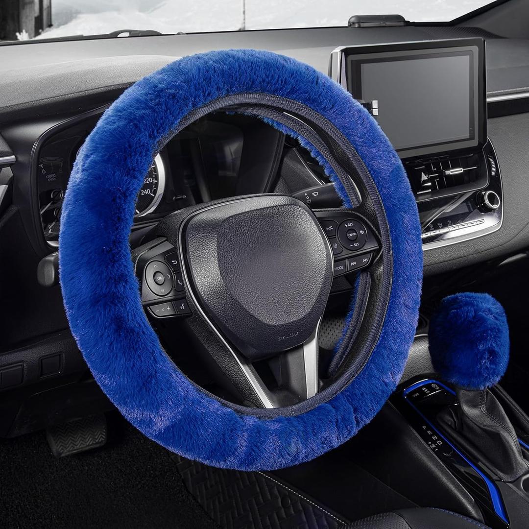 SEG Direct Furry Car Steering Wheel Cover with Fluffy Gear Shift Cover Soft Warm Non-Slip Car Decoration for Men Women Girls 2 PCS Set, Blue
