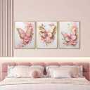 ACWOWO Pink and Gold Butterfly Floral Canvas Print Gold Frame Wall Art, 24"Lx16"W-Metal Framed