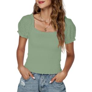 LYANER Women's Square Neck Shirred Eyelet Embroidered Puff Short Sleeve Ruffle Trim Blouse Crop Top (Green, L)