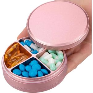 Metal Pill Organizer 4 Compartments - Portable Travel Pill Case Daily, Waterproof Pill Box for Purse, Compact Pill Holder Medicine Container Dispensers for Vitamin Cod Liver Oil Supplement Pink