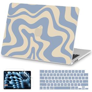 AKIT Compatible with MacBook Air 15 Inch Case 2026 2025-2023 M5 M4 M3 M2 A3448 A3241 A3114 A2941, Unique Pattern Hard Shell Laptop Case+Keyboard Cover+Screen Protector for Mac Air 15 Inch, Blue Wave