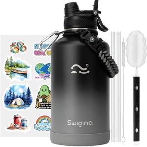 [2-IN-1 LID] 64 oz Insulated Water Bottle with Silicone Boot (48hrs Cold/24hrs Hot) - DIY Stickers, Leakproof, BPA Free, Half Gallon (Black-Grey)