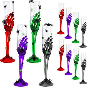12PCS 5 oz Halloween Goblets with Skeleton Hand, Halloween Skeleton Hand Plastic Goblets, Plastic Champagne Flutes Halloween Cups for Creepy Spooky Halloween Party Decoration 4-Color, 350 ml