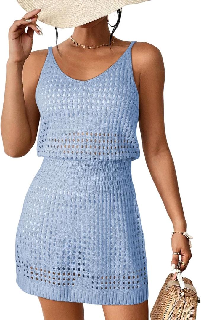 Dokotoo Summer Crochet Hollow Out Knit Beach Bathing Suit Swim Cover Ups Cruise Outfits Vacation Dresses for Women 2026 (Medium, Sky Blue)