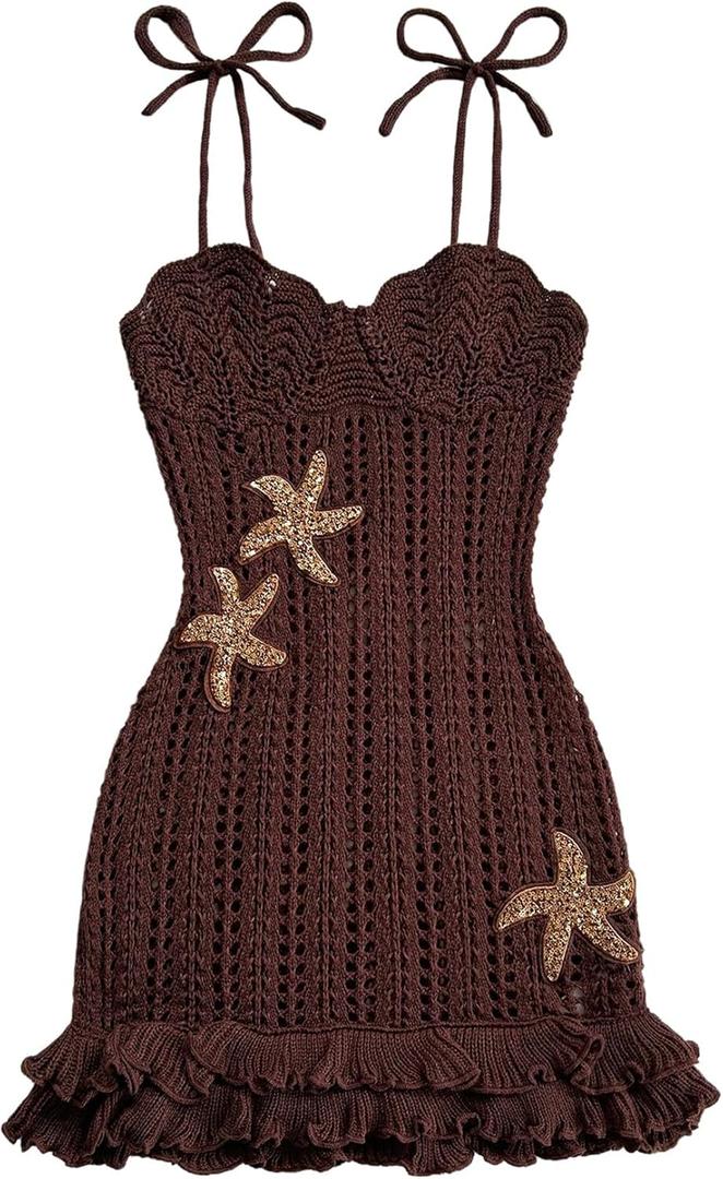 Verdusa Women's Boho Chic Colorblock Starfish Tie Shoulder Crochet Dress Hollow Out Ruffle Layered Mini Dress Brown Small