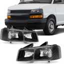 Headlights Compatible with Chevy Express 2003-2024 GMC Savana 1500 2500 3500 4500 Clear Lens Black Housing Clear Corner Headlamp Replacement
