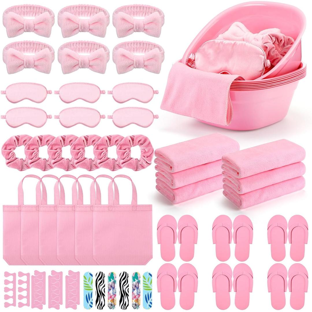 54Pcs Kids Foot Spa Party Supplies for Girl Spa Party Favors 6 Washbasin 6 Tote Bags 6 Hand Towels 6 Toe Separators 6 Hair Scrunchies 6 Hairband 6 Slipper 6 Eye Mask 6 Nail File (Pink)