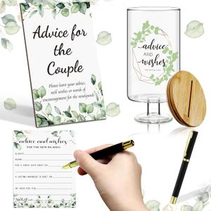 SiliFine 53 Pcs Advice and Wishes Cards Jar Greenery Bridal Shower Decoration Sage Green Wedding Keepsake Bridal Shower Games Wooden Wedding Sign Decorations for Reception