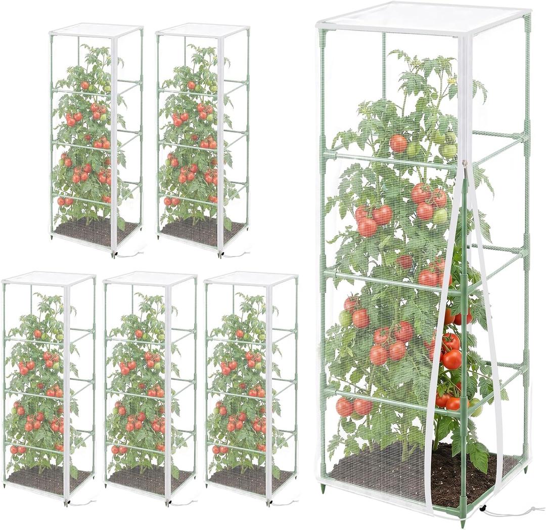 6 Pcs Tomato Netting for Garden Protection, 57" X 17.7" X 17.7" Square Tomato Cage Insect Barrier Plant Netting Mesh Cover with Zipper & Drawstring, for Vertical Climbing Plants Vegetables Fruits