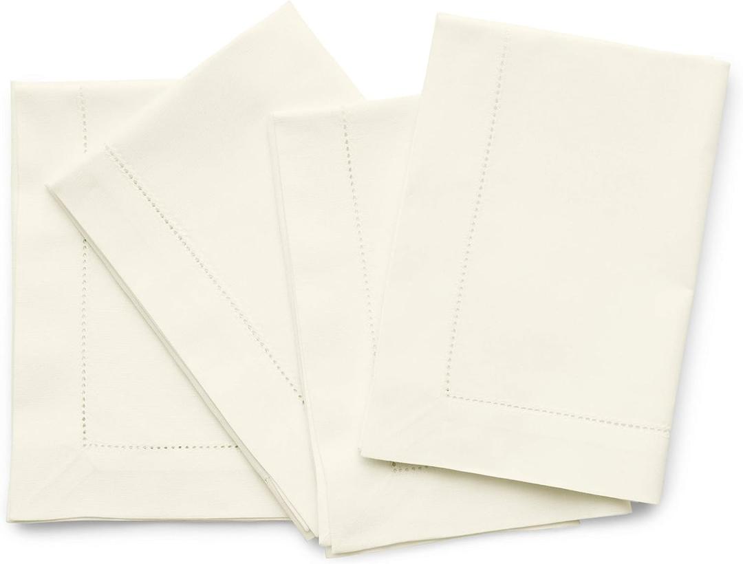 Solino Home Ivory Napkins Set of 4 - Cotton Linen Hemstitch Dinner Napkins Cloth 20 x 20 Inch for Summer - Handcrafted and Machine Washable