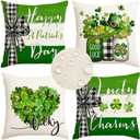 RABUSOFA St Patricks Day Outdoor Waterproof Throw Pillow Cover,16x16 Inch Charm Clover Buffalo Plaid Shamrock Heart Stripes Cushion Case Decoration for Couch (Green)