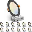 Amico 12 Pack 6 Inch 5CCT Ultra-Thin LED Recessed Ceiling Light with J-Box, 2700K/3000K/3500K/4000K/5000K Selectable, 12W Eqv 110W, Dimmable Canless Downlight, 1050LM High Brightness, Black - ETL
