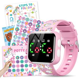 Potty Training Watch & Chart for Toddler Girls: Adjustable Volume Potty Watches for Kids Unicorn Potty Training Chart with Reward Stickers Toilet Training Tools Gifts for Girl (Pink)