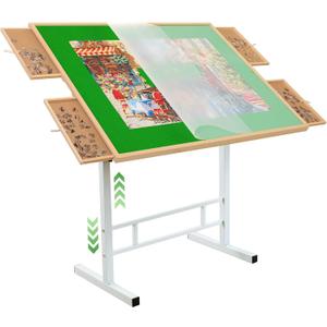 Wooden Puzzle Table with Drawers & Legs Adjustable Tilting Puzzle Board Table for Adults 1000/1500 Pieces Portable Jigsaw Puzzle Table with Cover Folding Puzzle Storage System for Neck Pain Relief