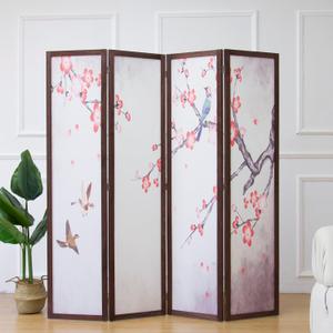 Furnnylane 4 Panel Fabric Room Divider with Pattern, 5.6 ft Tall Folding Privacy Screen for Room Separation, Premium Thickened Wood Frame Freestanding Partition Wall, Red Plum (67" H x 63" W)