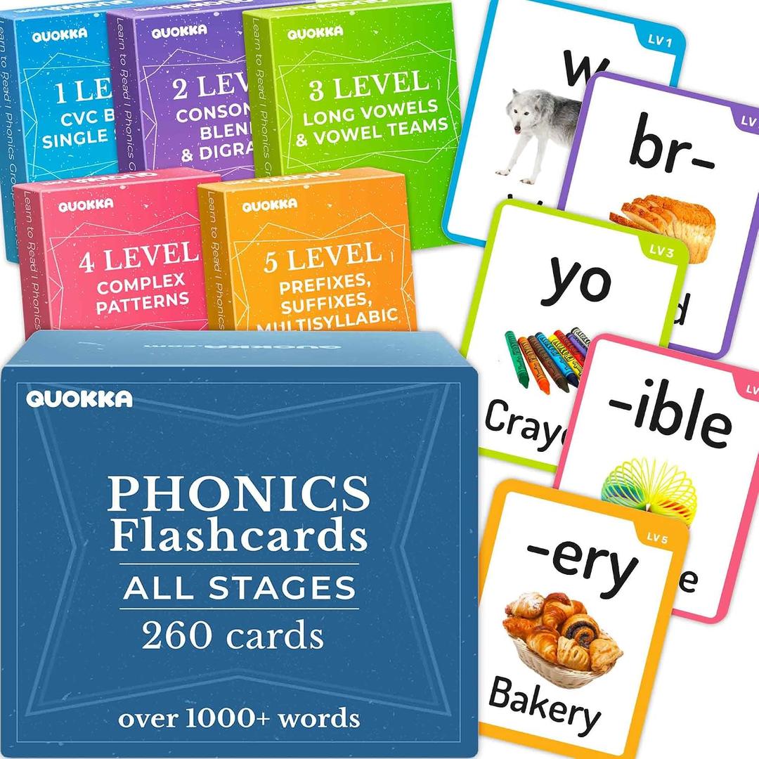 QUOKKA 1000+ Phonics Words Flash Cards for Kids Ages 4-8 – 20 Reading Stages – 260 Card Games for Kids Ages 3-5 and 6-8 – Learn to Read Games & Phonics Manipulatives for Complete Phonemic Awareness