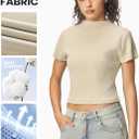 Wyeysyt Crop Tops for Women Mock Neck Ribbed Fitted T Shirts Short Sleeve Basic Tee Shirt (Beige, S)