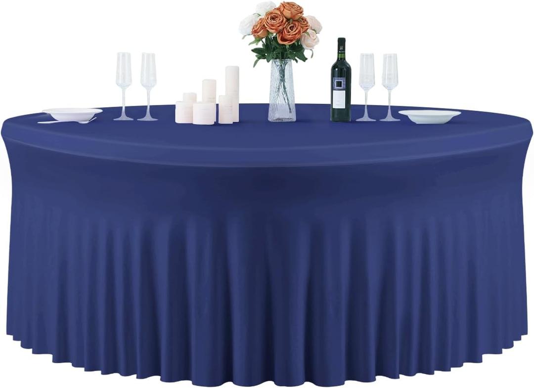 GALLETY Navy Blue Table Cloth for 5FT Round Table, Fitted Spandex 120 inch Round Tablecloth, Wrinkle Free Tables Skirt for Receptions Birthday Photography Social Events Engagement Party Decorations
