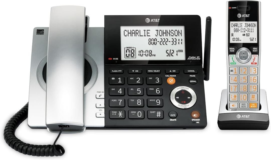 AT&T CL84107 DECT 6.0 Expandable Corded/Cordless Phone with Smart Call Blocker, Black/Silver with 1 Handset