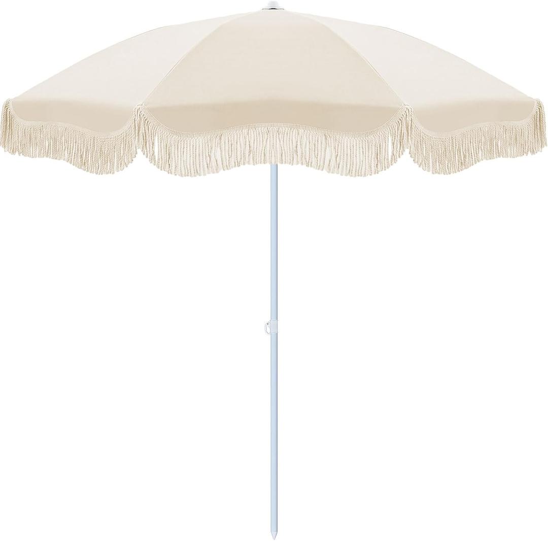6.5ft Patio Umbrella with Fringe, UPF 50+ UV Boho Outdoor Beach Umbrella with Carry Bag, UV Protection Sun Shade with Tassels for Garden, Deck, Backyard, Poolside Decor