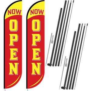 Preboun 2 Sets 12 ft Now Open Feather Flags Pole Kit for Business Advertising Feather Sign with Poles and Ground Spikes Open Flags Banner for Store Outside Signs(Red)