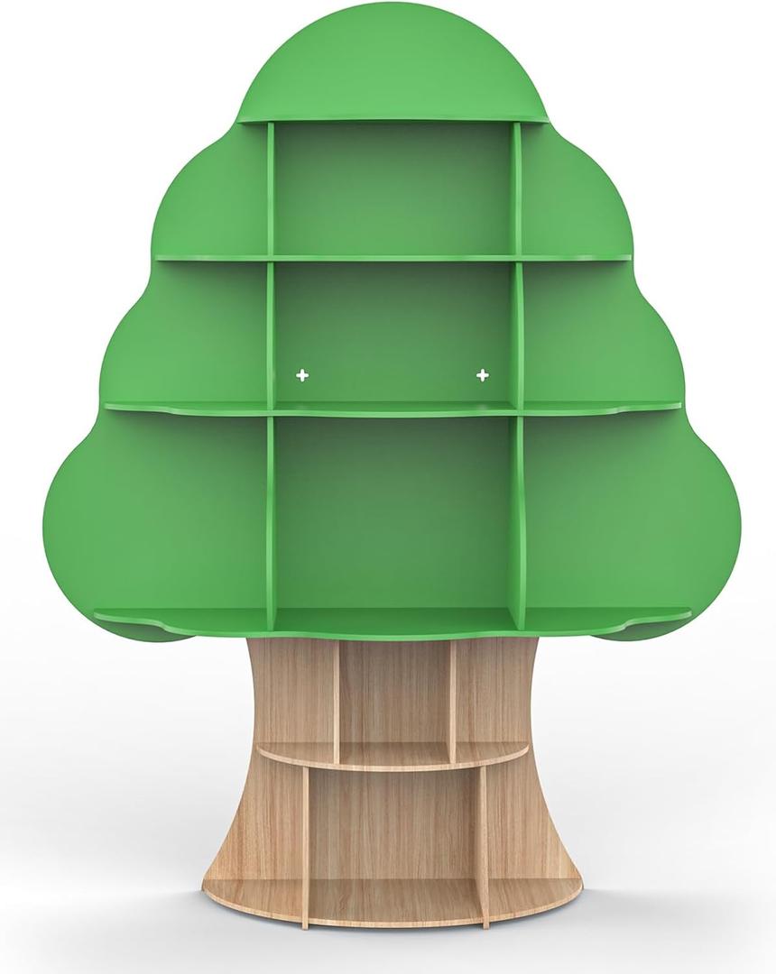 Tree Kids Bookshelf, Toddler Wood Bookcase, 16-Cubby Children Toy Storage Organizer Book Shelf for Kids Rooms, Nursery, Bedroom, Living Room, Classroom, Boy Girls Gift (Green Tree) (53.5"H)