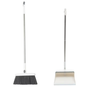 JOYMOOP White Broom and Dustpan Set, Upright Angle Design with Built-in Comb Teeth for Kitchen, Office, Pet Hair, Hard Floors