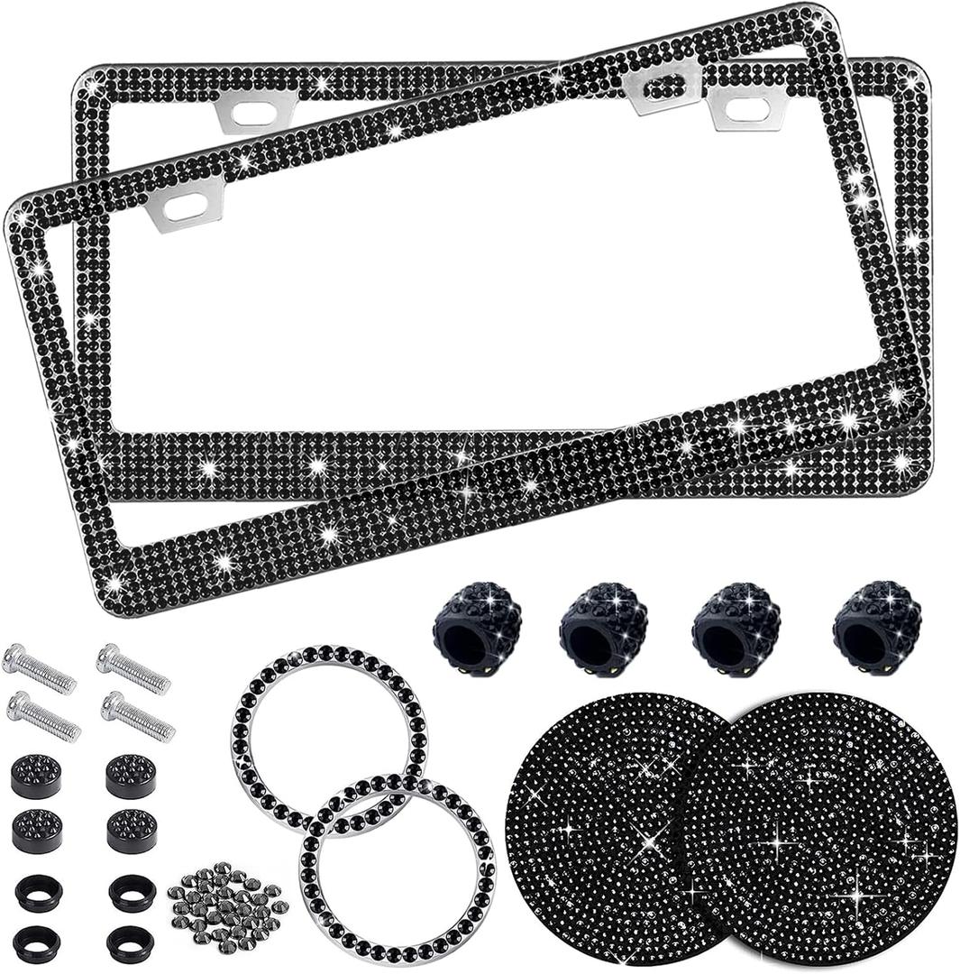 Black Bling License Plate Frame 2 Packs Rhinestone Sparkle License Plate Holder Glitter Bedazzled Crystal Car License Plate Frame