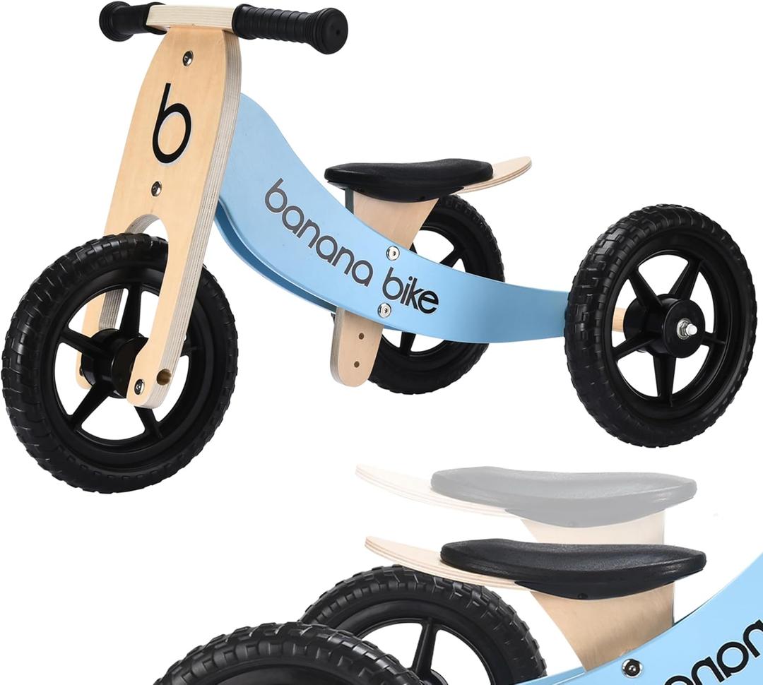 banana bike Toddler Wooden Balance Bike - No Pedals Tricycle - Puncture Proof Tires - Ergonomic and Durable - Smooth Grip Handles - Improves Coordination - Birthday Gift for Boys and Girls - Blue