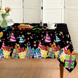 Horaldaily Birthday Tablecloth 60x120 Inch Rectangular, Happy Birthday Ballon Black Washable Seasonal Table Cover for Party Picnic Dinner Decor